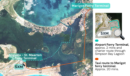 Airport to charter dock, approx 2 minutes through the lagoon